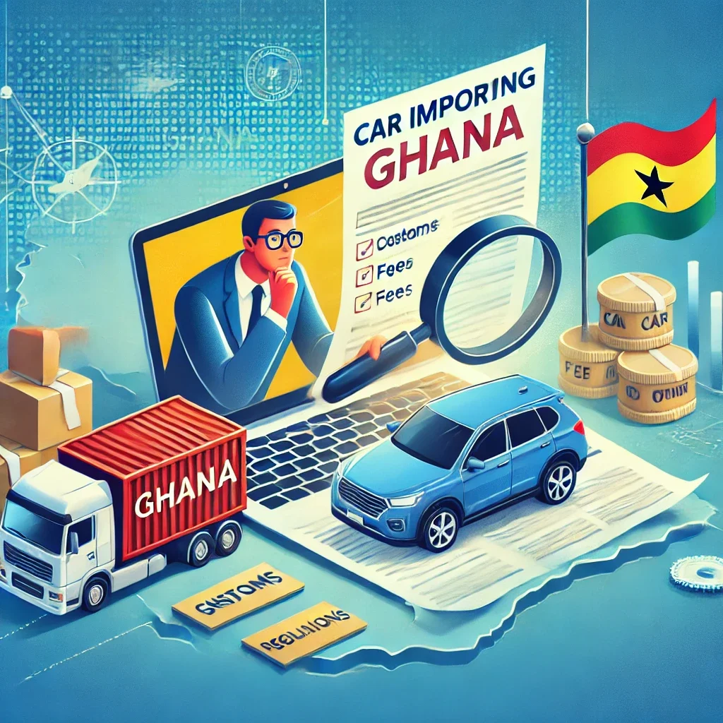 DALL·E 2024 09 04 20.47.14 A vibrant image showing a person researching car importation into Ghana on a laptop with a map of Ghana and a car shipping crate in the background. T