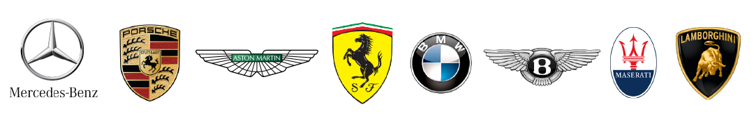 Mercedes-Benz, Porsche, Aston Martin, Ferrari, BMW, Bentley, Maserati and Lamborghini