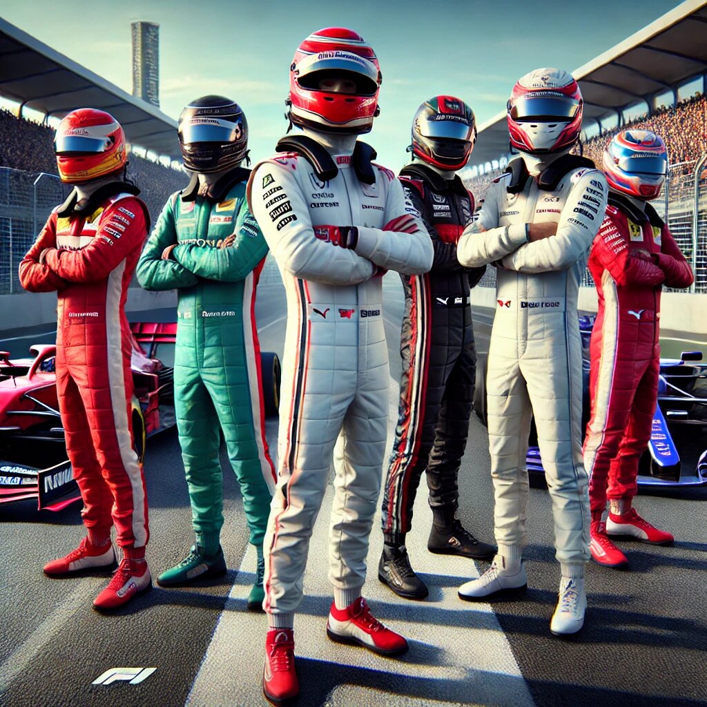 A group of Formula 1 drivers in colorful racing suits posing in front of a race track with F1 cars in the background and grandstands in the distance, ready for the competition