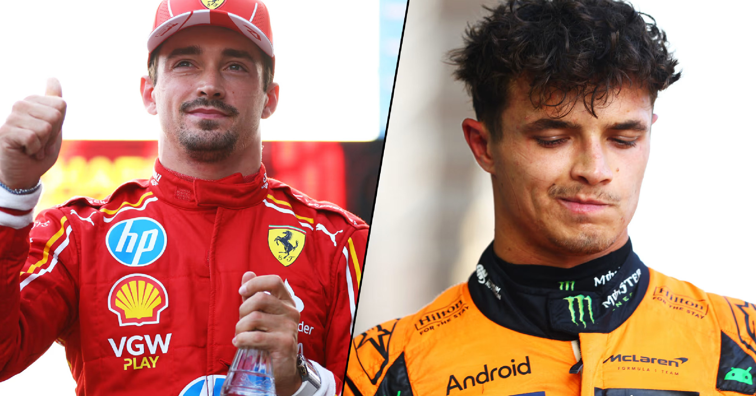 Charles Leclerc of Ferrari celebrating alongside Lando Norris of McLaren after the 2024 Azerbaijan Grand Prix, showcasing contrasting emotions.