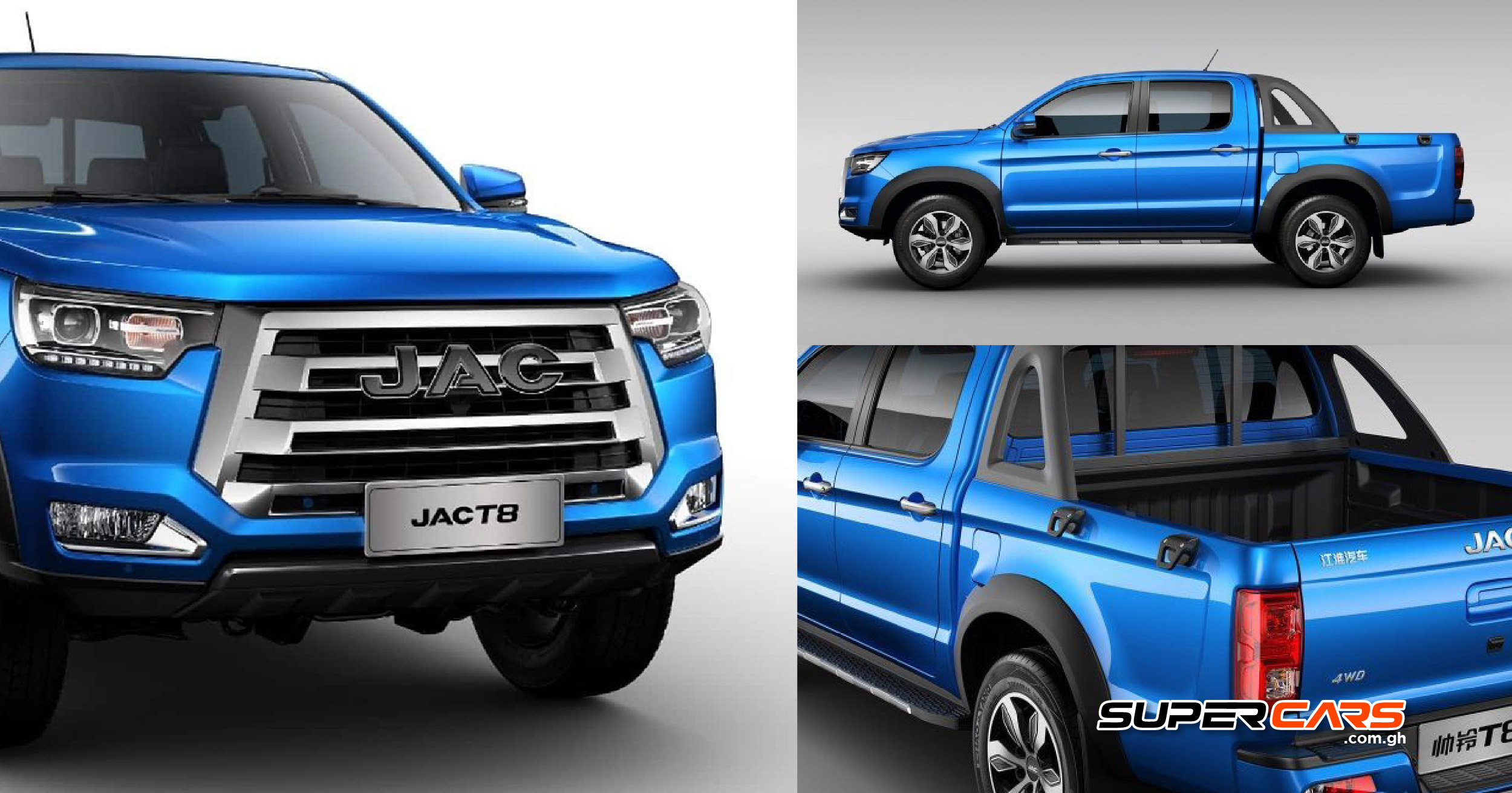 JAC T8 Pickup Truck - Front, Side, and Rear View Highlighting its Bold Design and Versatile Utility