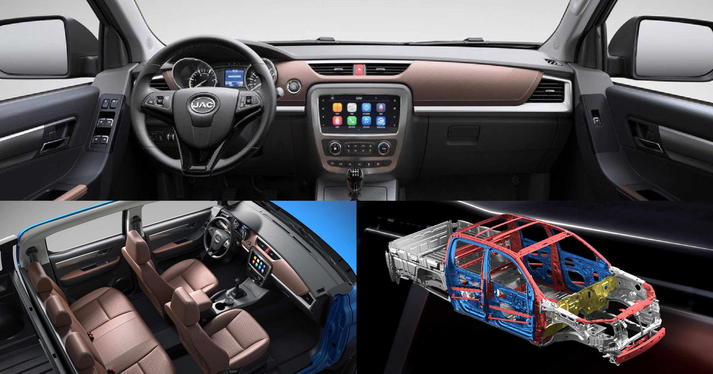 Interior and Structural Design of the JAC T8 Pickup Truck Featuring Dashboard, Cabin Layout, and Reinforced Frame