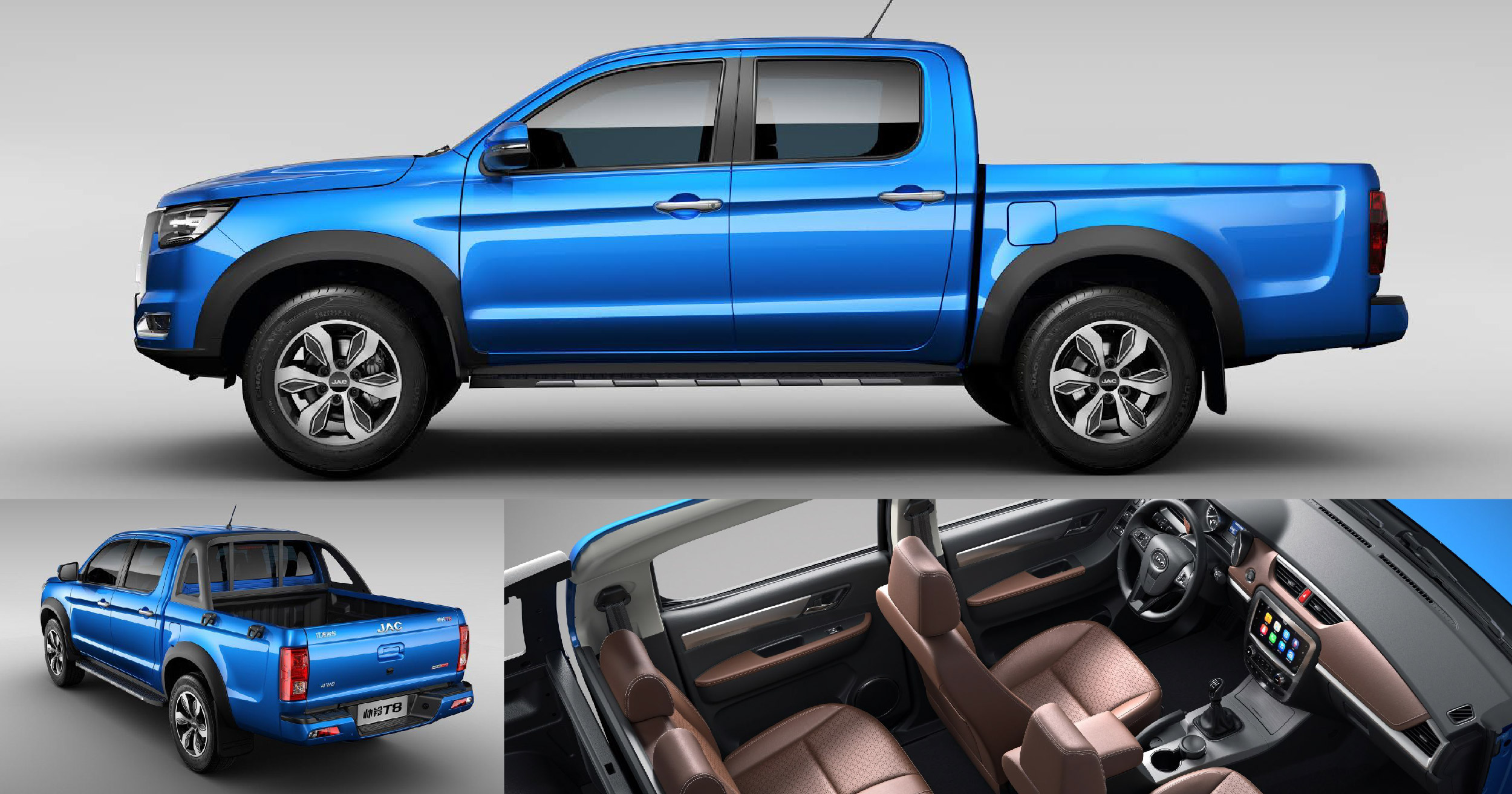 Composite image of the JAC T8 pickup truck featuring external view, side profiles, and interior design, highlighting its modern blue exterior and sophisticated brown leather interiors.