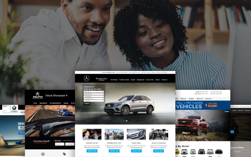 A couple browsing car dealership websites displayed on multiple screens, featuring a range of luxury and pre-owned vehicles from brands such as Acura, Mercedes-Benz, and Chevrolet