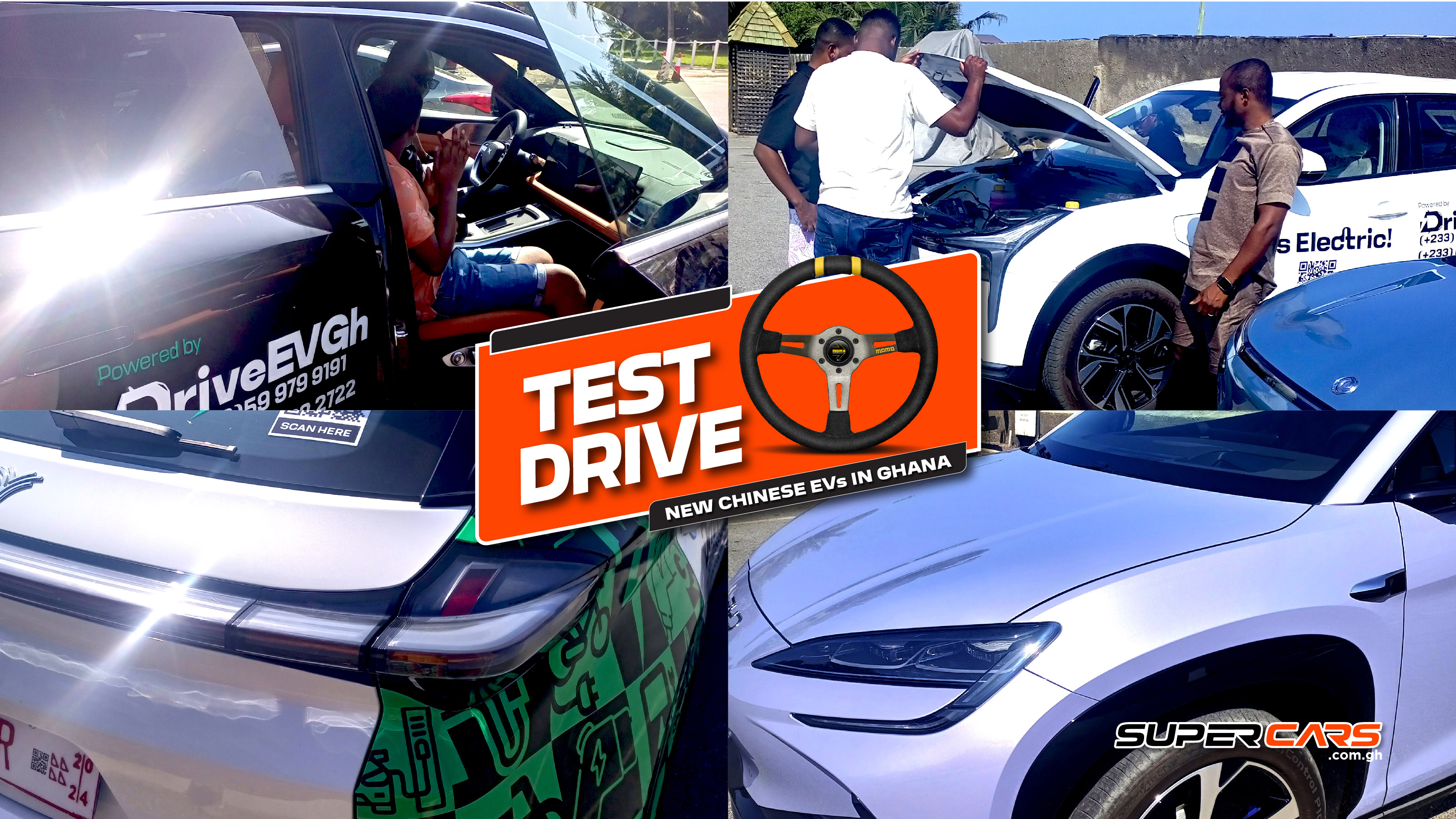 Test drive event for new Chinese electric vehicles in Ghana, showcasing the DriveEVGh team and various electric car models. A man seated inside an EV, a team inspecting under the hood of a car, and a close-up view of the EV exterior and logo