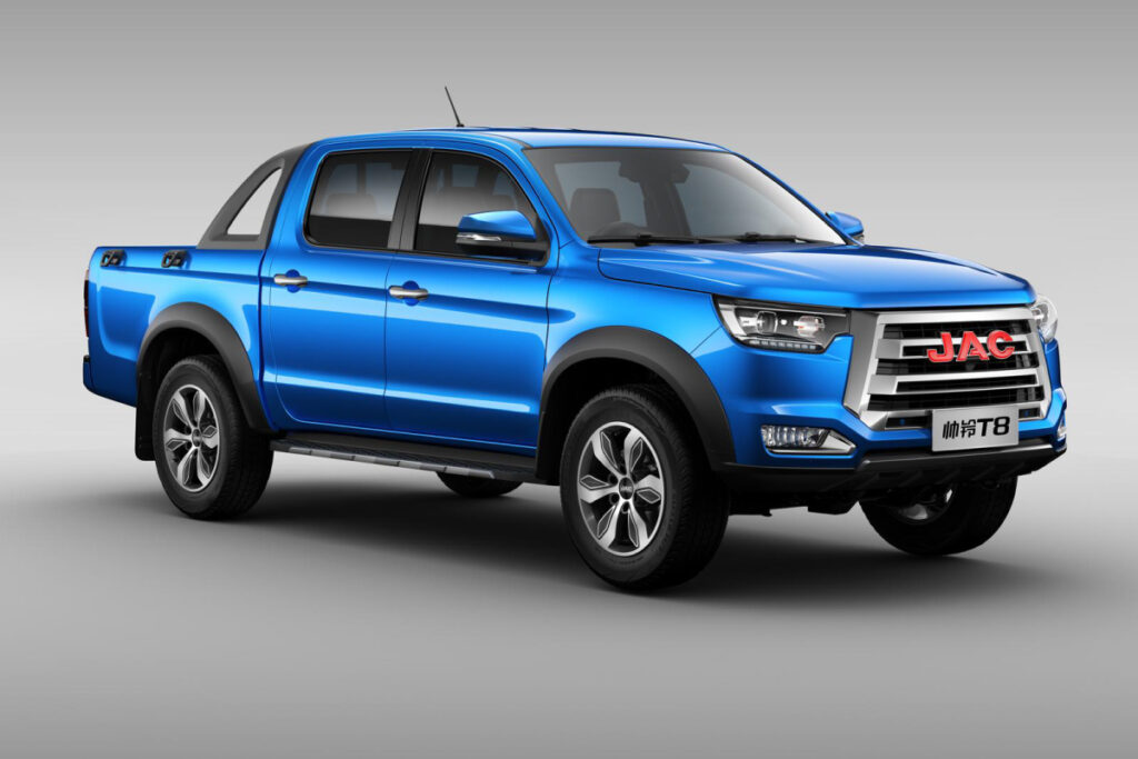 Blue JAC T8 pickup truck showcasing its sleek design and rugged features, perfect for both off-road adventures and everyday driving.