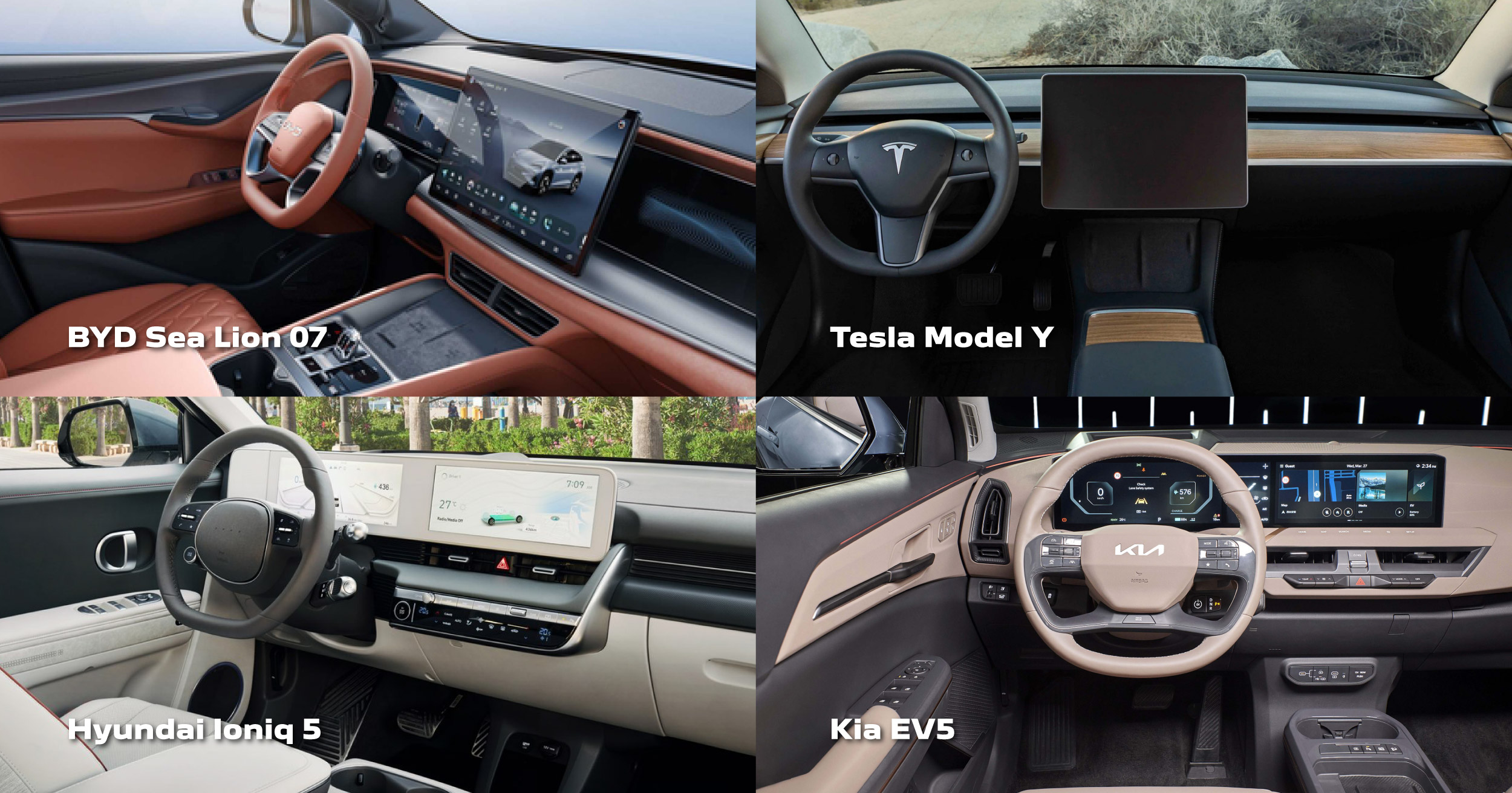 Exterior design comparison of BYD Sea Lion 07, Tesla Model Y, Hyundai Ioniq 5, and Kia EV5 electric SUVs.