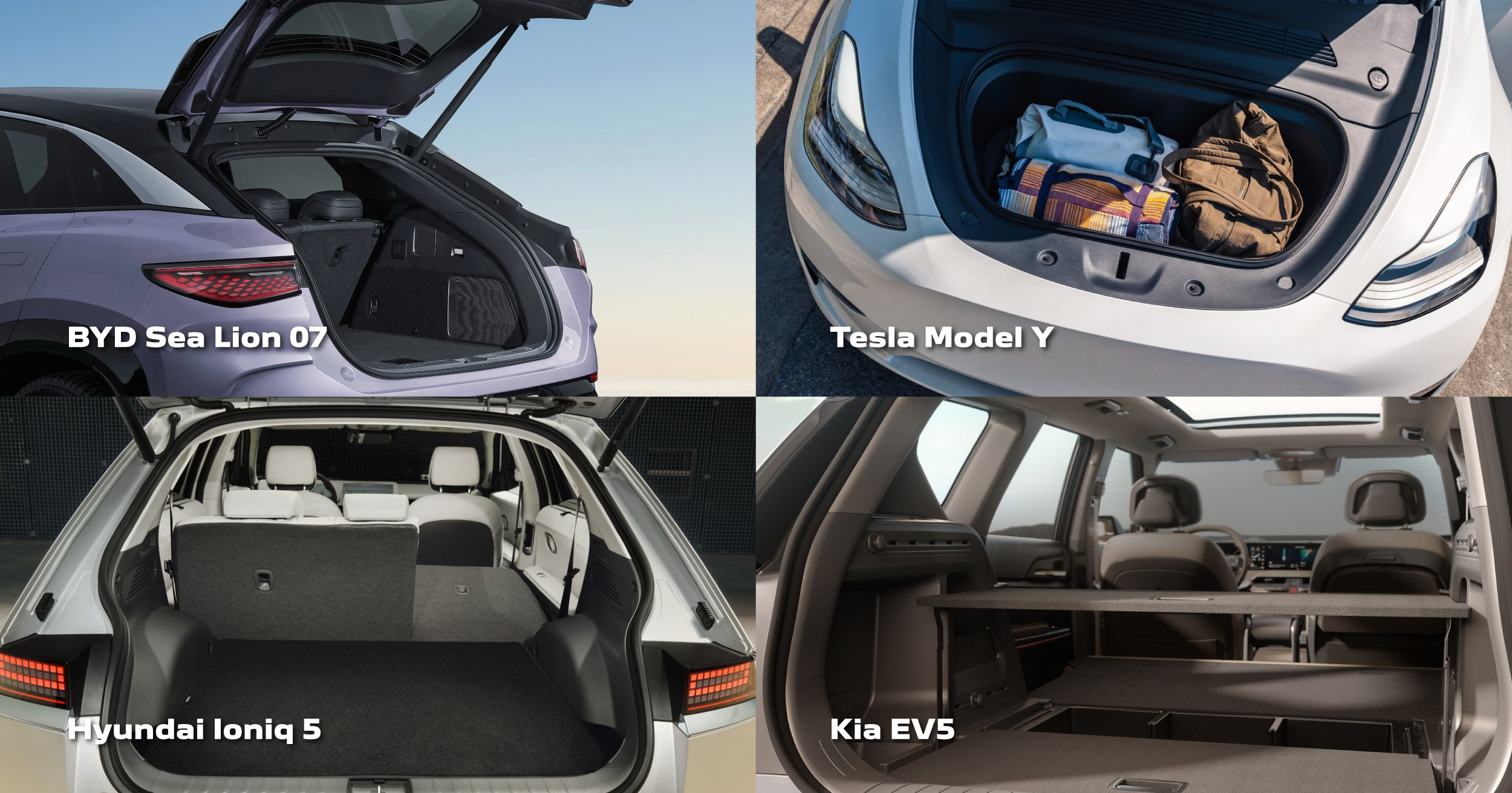 Front view of BYD Sea Lion 07 compared with Tesla Model Y, Hyundai Ioniq 5, and Kia EV5 in an electric SUV face-off