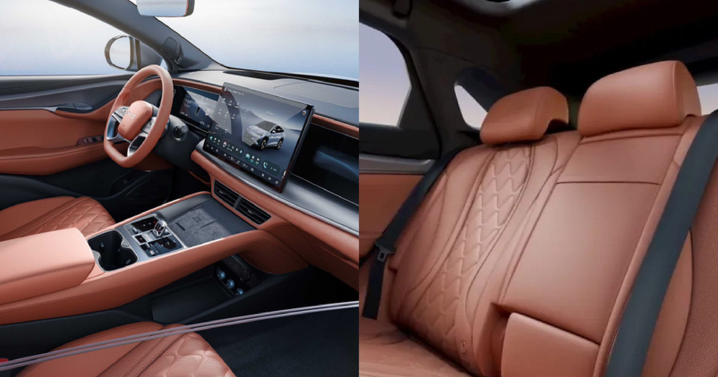 "Luxurious interior of the BYD Sealion 07 EV featuring a sleek dashboard and premium leather seats"