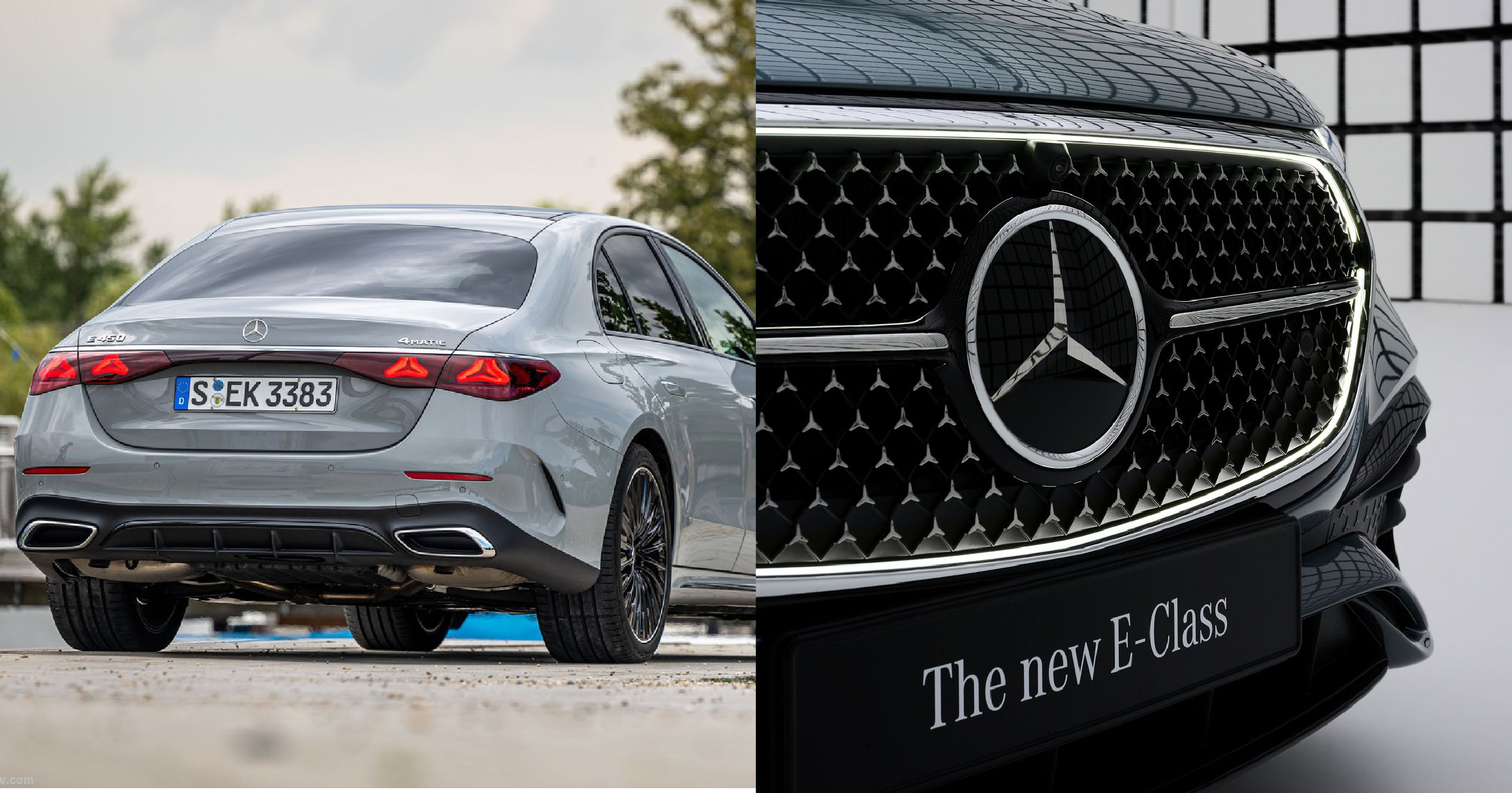 Close-up of the rear and front grille of the new Mercedes-Benz E-Class, highlighting the detailed taillights and iconic Mercedes-Benz emblem on the grille.